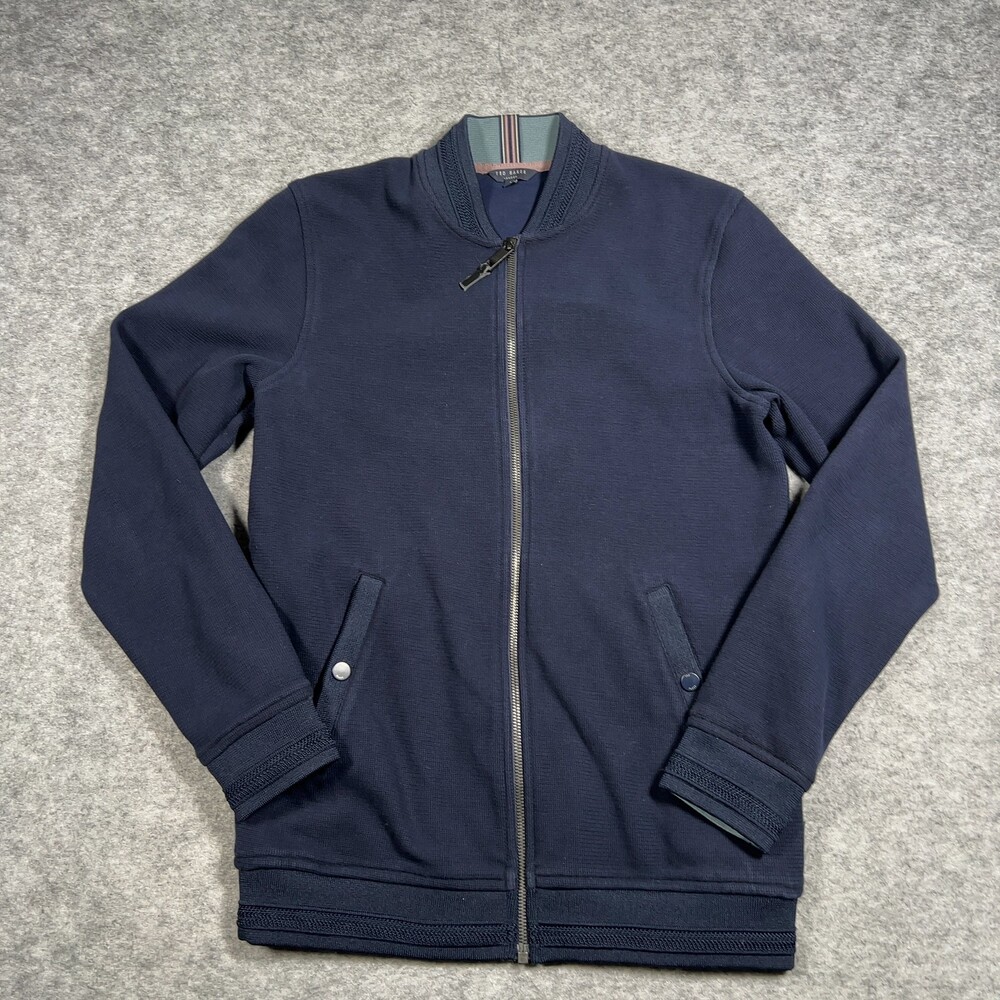 TED BAKER Bomber Jacket Mens XS Navy Blue Knit Trim Striped Casual Preppy Cozy